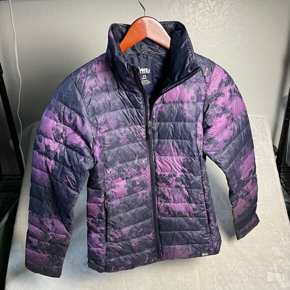 REI Coop Down Puffer Jacket Womens XS Dark Purple Forest Print Witchy GORP Goth - Picture 1 of 8
